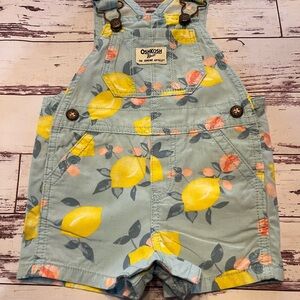 OshKosh B'Gosh Girls 12 Months Cotton Shortalls Yellow Lemons Aqua Blue Vestbak